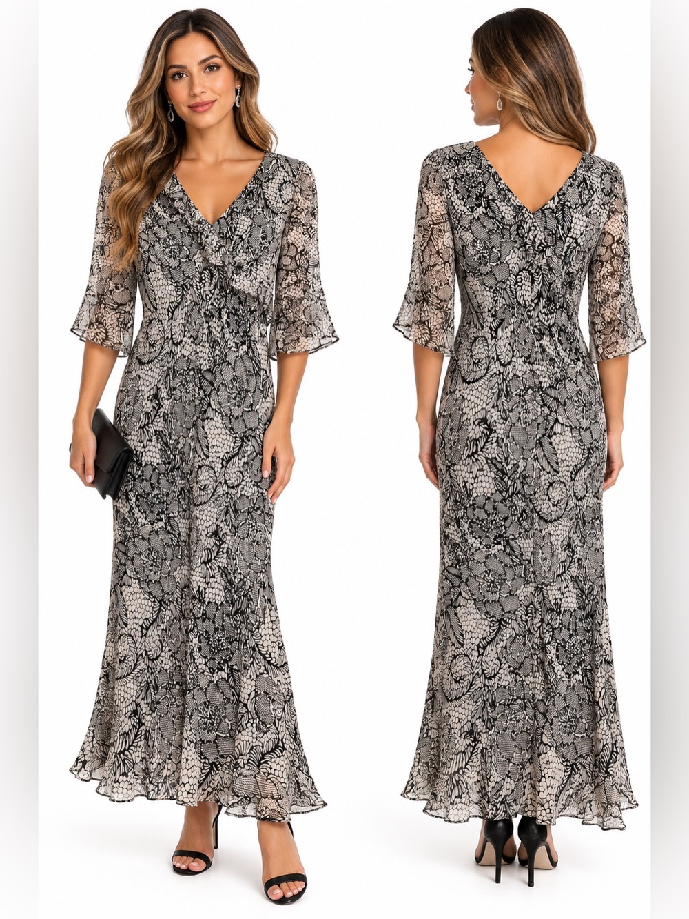 Silk Black & Ivory Floral Beaded Maxi Dress – Size 8